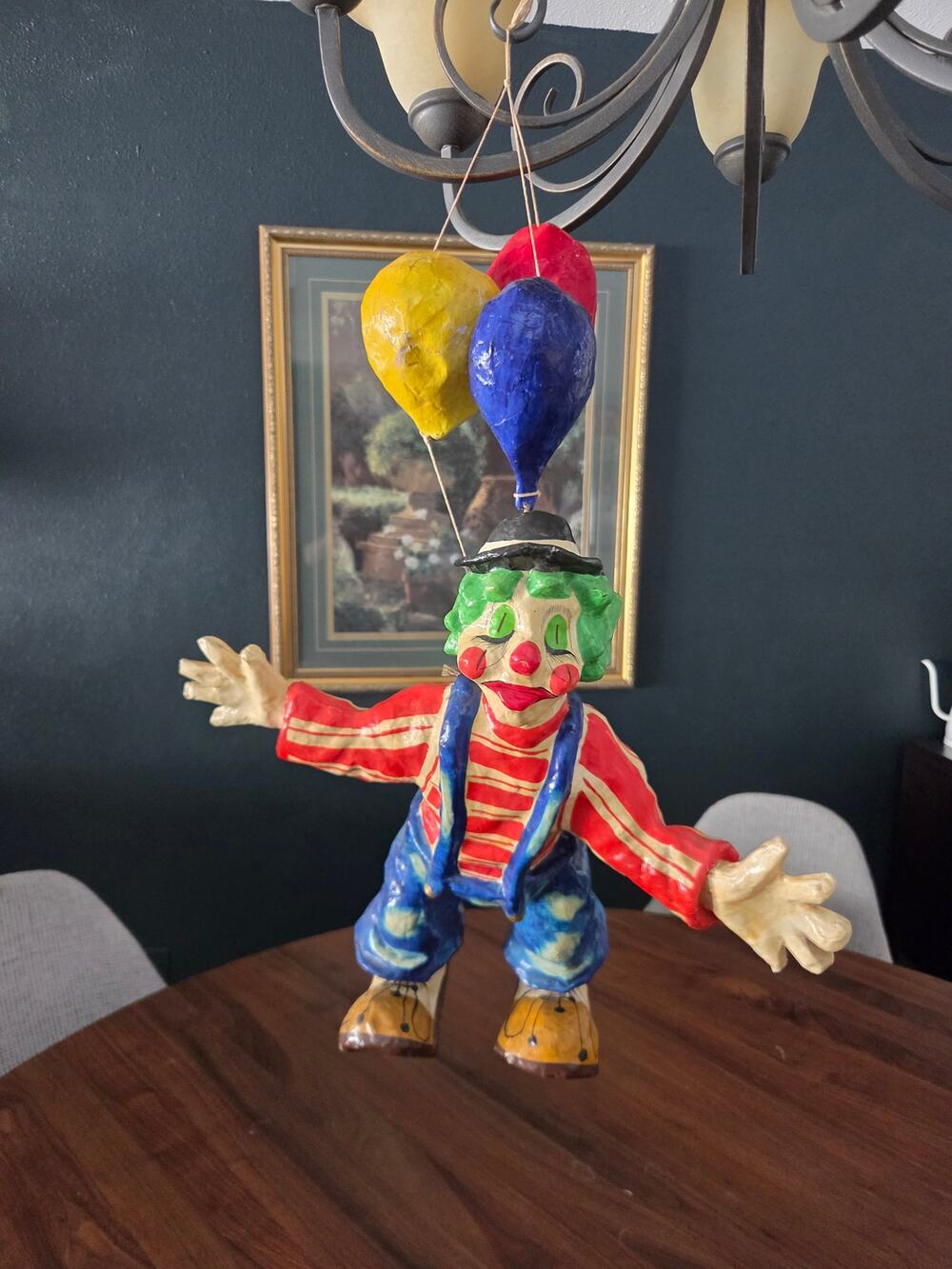 Vintage Papier Mâché Hanging Clown with Balloons 30" Bright Circus Decor